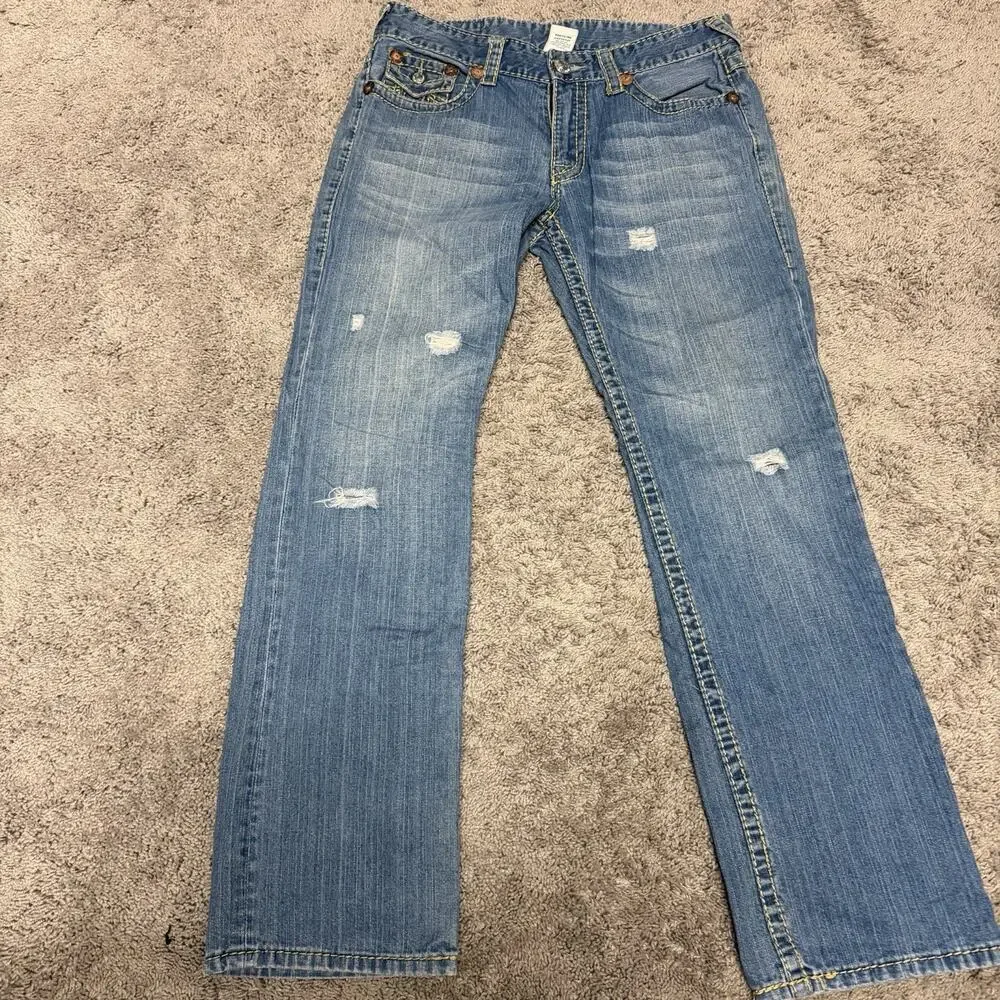 True Religion World Tour Ricky Distressed Flap Jeans 36x 34 Med Wash Blue Denim